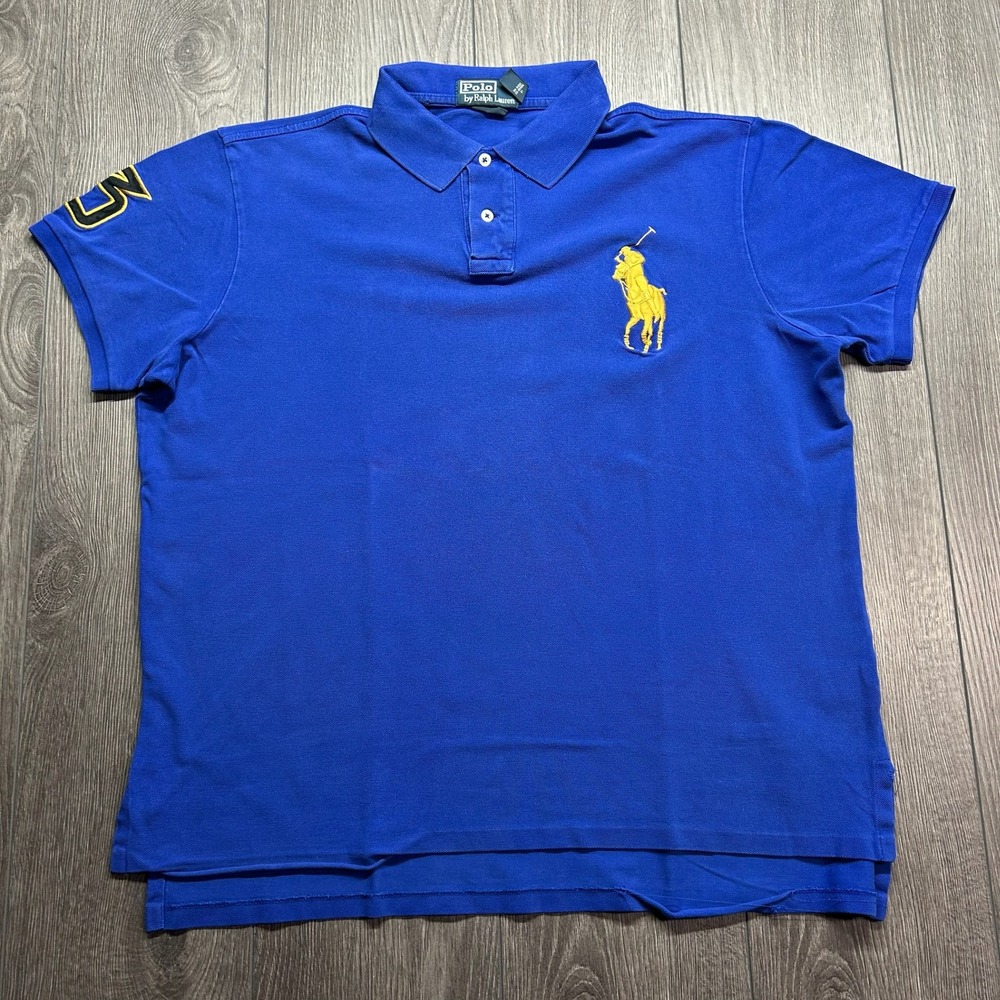 Polo Ralph Lauren Mens XL Blue Big Pony Short Sleeve Mesh Polo Shirt Yellow 3